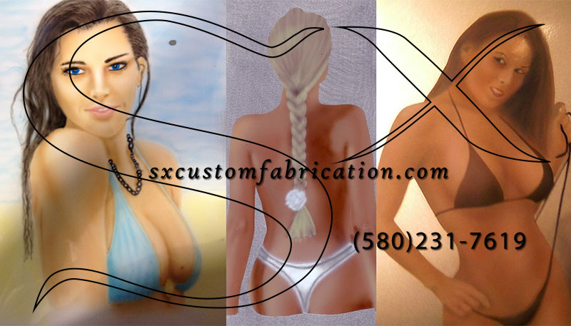 three airbrush images of women in bathing suits with the Sx logo