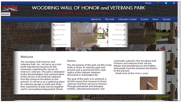 Woodring Wall of Honor and Veterans Park custom responsive website screen shot 3200 pixels wide