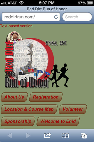 Red Dirt Run of Honor website screen shot mobile iPhone 320 pixels wide
