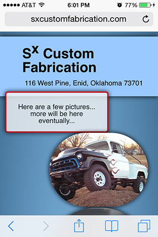 S<sup>x</sup> Custom Fabrication website screen shot 320 pixels wide